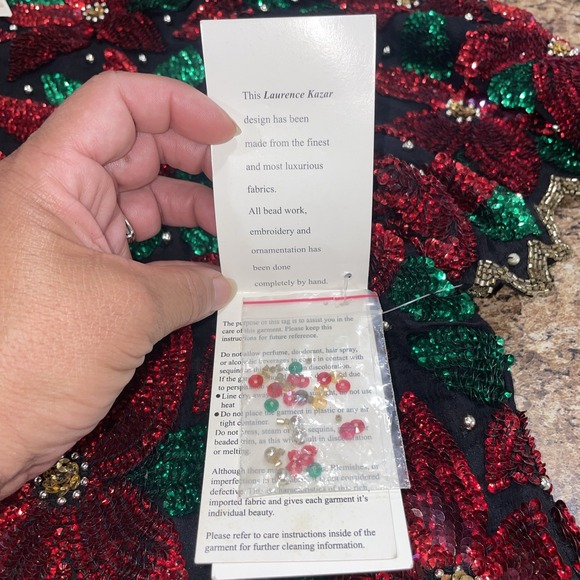 VTG Laurence Kazar Women's Black Sequined Beaded Poinsettia Christmas Top 2X NWT - Picture 15 of 16
